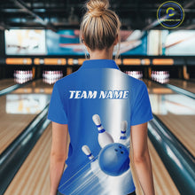 Load image into Gallery viewer, Back view of a female model in a bowling lane wearing a polo shirt with bowling ball and pins flowing through a blue gradient layout.