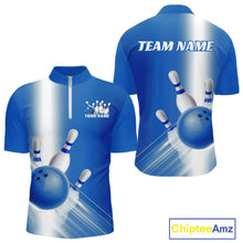 Load image into Gallery viewer, Front and back men’s bowling quarter zip shirt mockup with bowling ball and pins artwork flowing through a blue gradient layout.