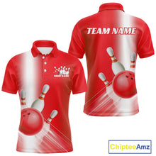 Load image into Gallery viewer, Front and back men’s bowling polo shirt mockup featuring bowling ball and pins graphics flowing through a red gradient layout.
