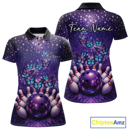 Custom Blue And Purple Buttefly Ladies Bowling Team Shirt, Women Bowler Outfits IPHW10918