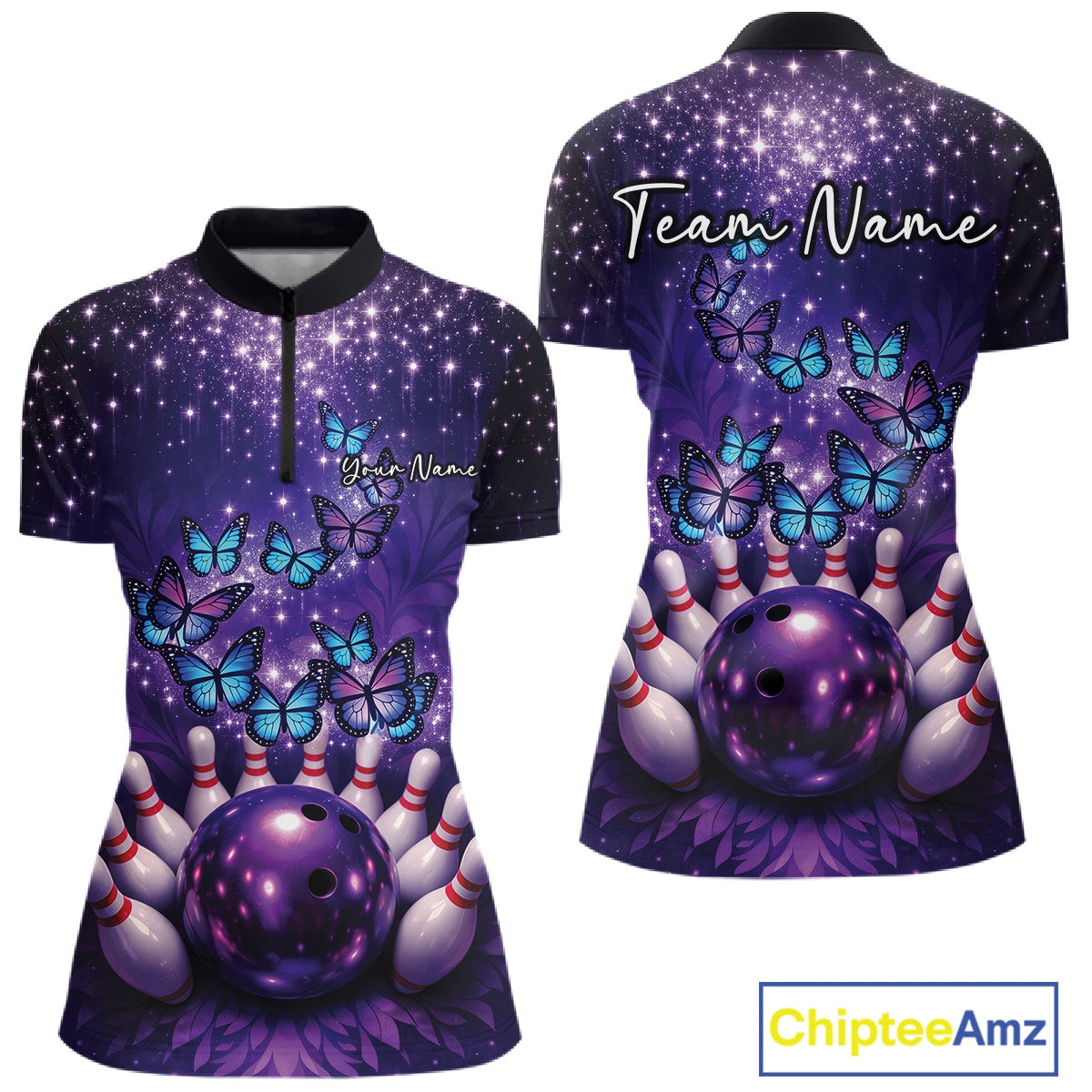 Custom Blue And Purple Buttefly Ladies Bowling Team Shirt, Women Bowler Outfits IPHW10918