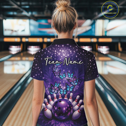 Custom Blue And Purple Buttefly Ladies Bowling Team Shirt, Women Bowler Outfits IPHW10918