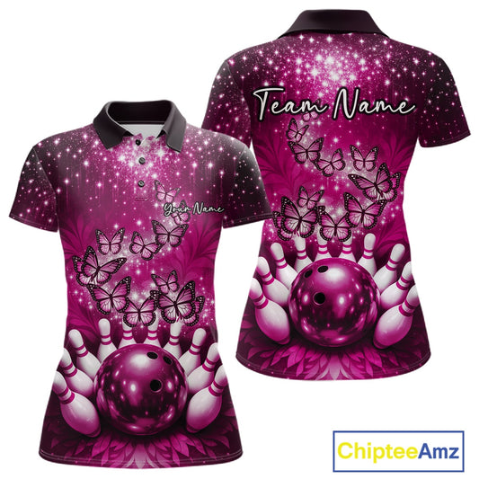 Custom Pink Buttefly Ladies Bowling Team Shirt, Women Bowling Polo Shirt IPHW10919