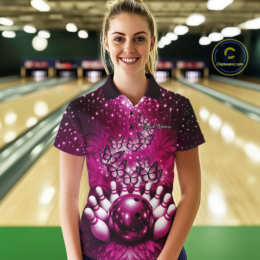 Custom Pink Buttefly Ladies Bowling Team Shirt, Women Bowling Polo Shirt IPHW10919