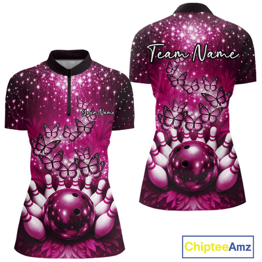 Custom Pink Buttefly Ladies Bowling Team Shirt, Women Bowling Quarter-Zip Shirt IPHW10919