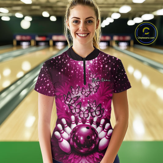 Custom Pink Buttefly Ladies Bowling Team Shirt, Women Bowling Quarter-Zip Shirt IPHW10919