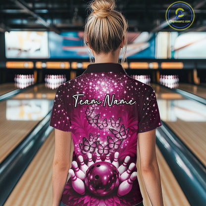Custom Pink Buttefly Ladies Bowling Team Shirt, Women Bowling Quarter-Zip Shirt IPHW10919