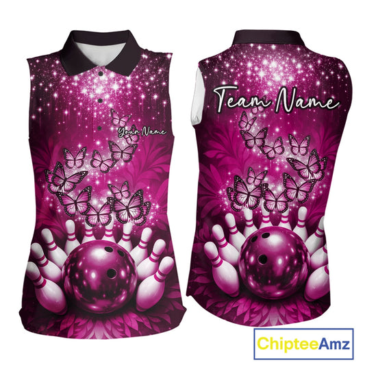 Custom Pink Buttefly Ladies Bowling Team Shirt, Women Bowling Sleeveless Polo Shirt IPHW10919