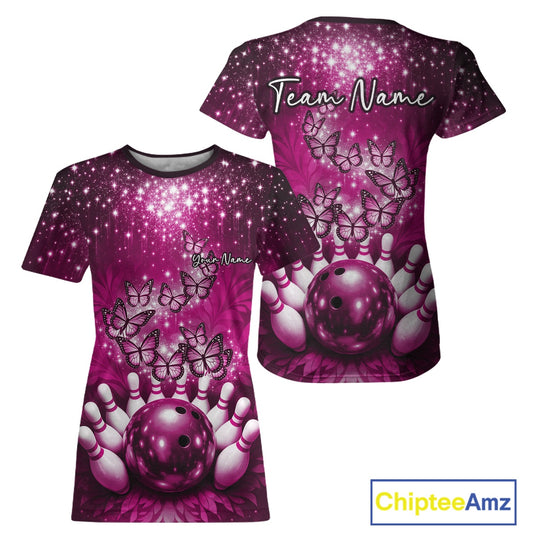 Custom Pink Buttefly Ladies Bowling Team, Women Bowling T-Shirts IPHW10919