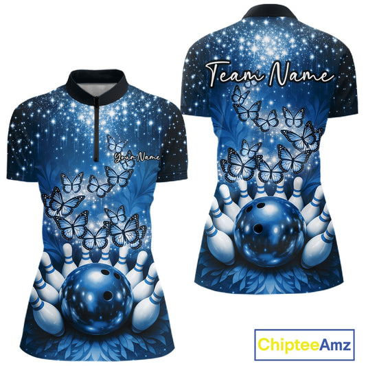 Custom Blue Buttefly Ladies Bowling Team Shirt, Women Bowling Quarter-Zip Shirt IPHW10920