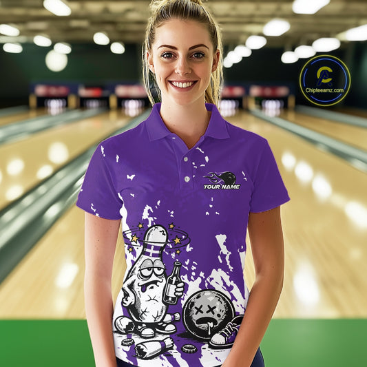 Female model at a bowling lane wearing a purple and white polo shirt, drunk bowling pin illustration with beer bottle and bowling ball over splatter texture.