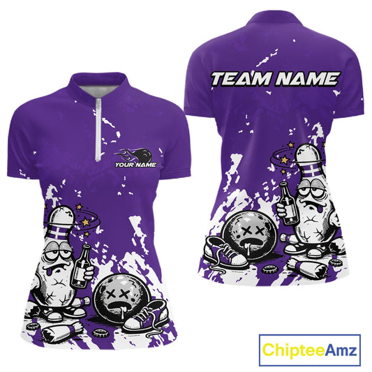 Women’s quarter zip bowling shirt mockup in purple and white splatter background, cartoon drunk bowling pin with beer bottle and bowling ball artwork