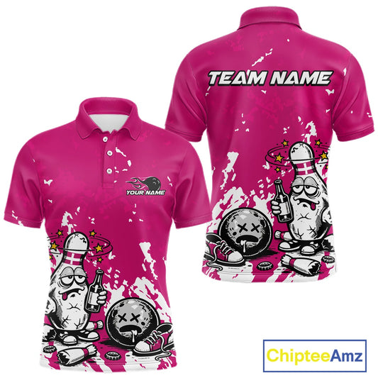 Front and back view of a men’s polo shirt mockup in pink and white, featuring splatter-style drunk bowling pin holding beer bottle and bowling ball.