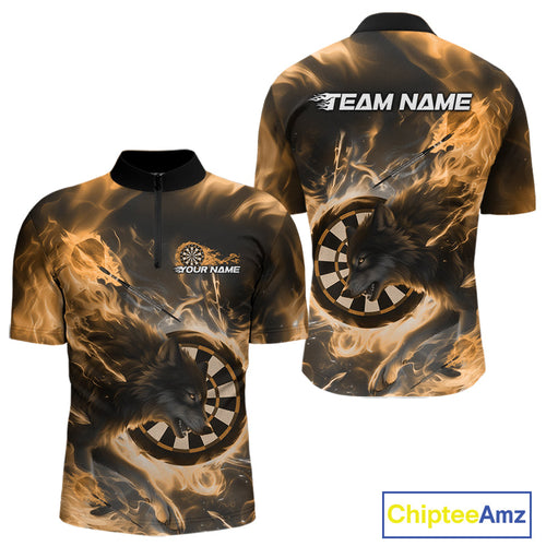 Custom Yellow Fire Flame Dart Wolf Men Quarter-Zip Shirts, Dart League Shirt Team Jerseys IPHW10005