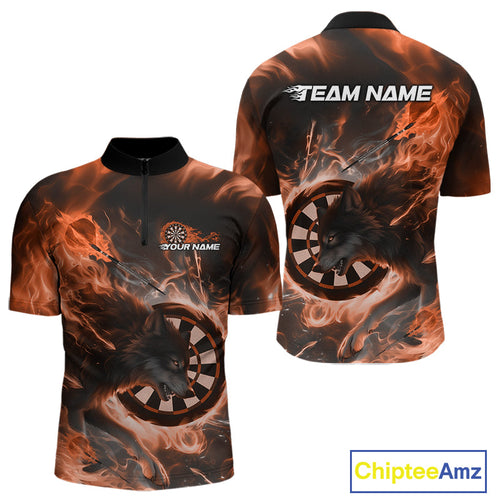 Custom Orange Fire Flame Dart Wolf Men Quarter-Zip Shirts, Dart League Shirt Team Jerseys IPHW10006