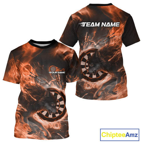 Custom Orange Fire Flame Dart Wolf Men T-Shirts, Dart League Team Jerseys IPHW10006