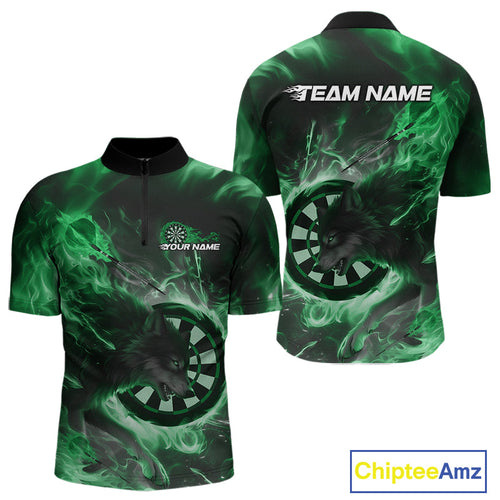 Custom Green Fire Flame Dart Wolf Men Quarter-Zip Shirts, Dart League Shirt Team Jerseys IPHW10007
