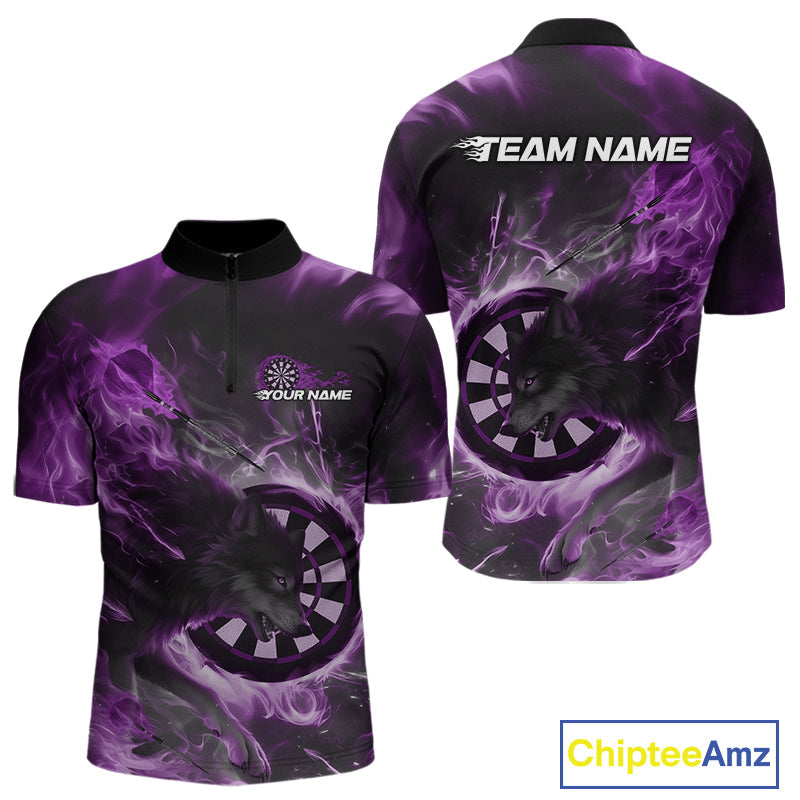 Custom Purple Fire Flame Dart Wolf Men Quarter-Zip Shirts, Dart League Shirt Team Jerseys IPHW10008