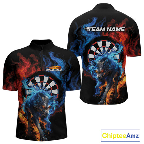 Custom Orange And Blue Smoke Flame Wolf Dart Team Men Quarter-Zip Shirts, Fire Dart Jerseys IPHW10009