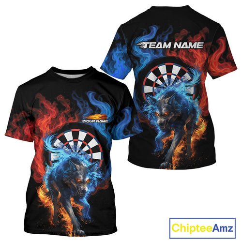 Custom Orange And Blue Smoke Flame Wolf Dart Team Men T-Shirts, Fire Dart Jerseys IPHW10009
