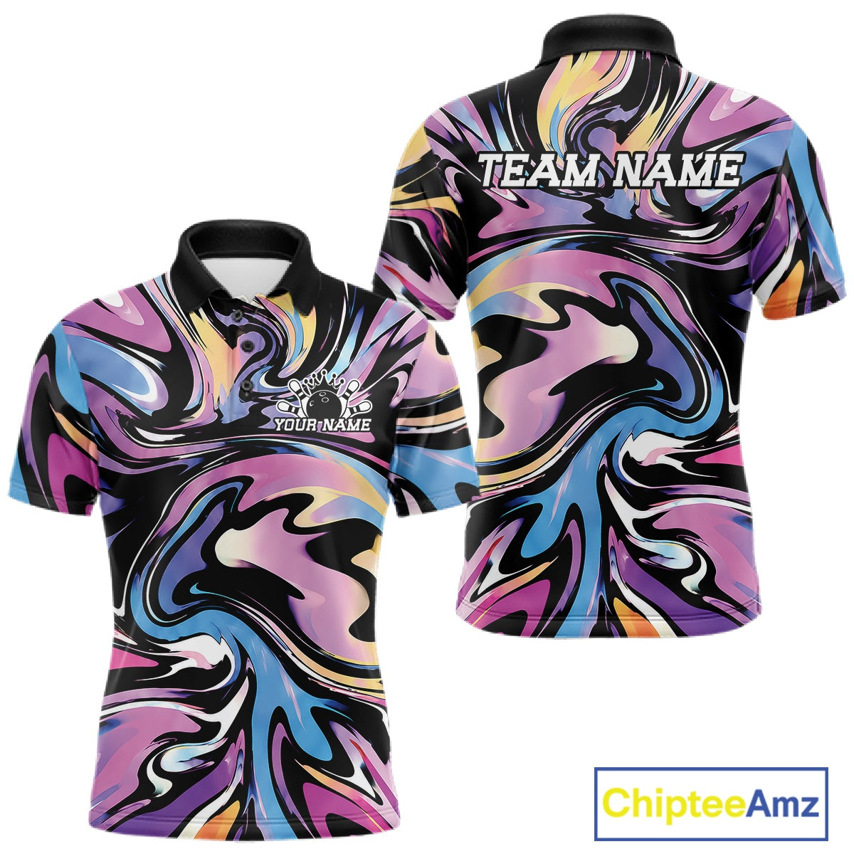 Colorful polo shirts with 'Team Name' and 'Your Name' text on a white background, featuring the brand 'Chiptee Amz'.