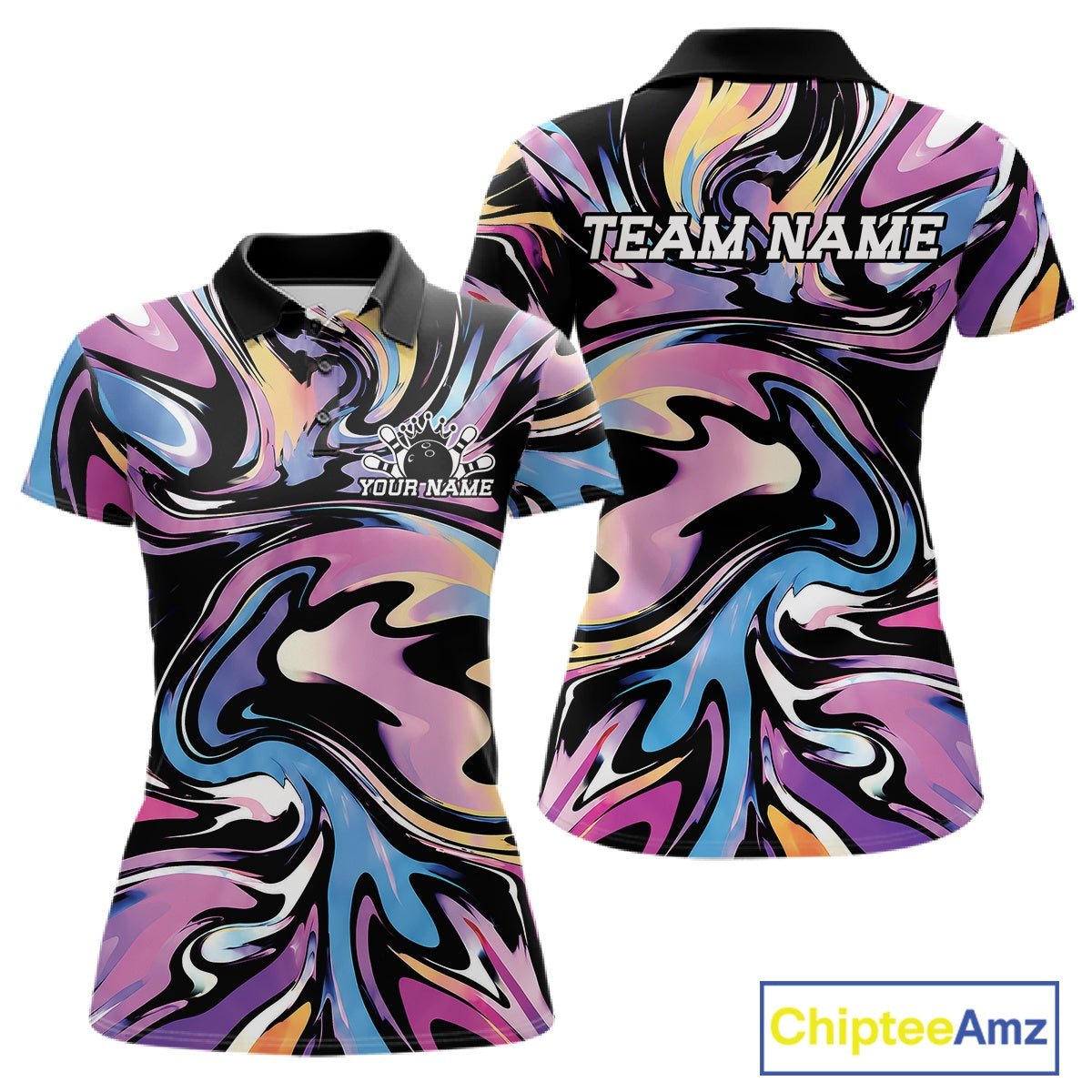 Colorful polo shirt with abstract design and 'TEAM NAME' text, featuring the brand 'Chiptee Amz'.