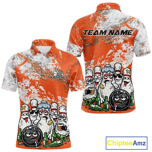 Front and back view of a mens bowling polo shirt mockup featuring orange and white grunge splatter background with cartoon bowling pins and beer bottles surrounding a bowling ball.