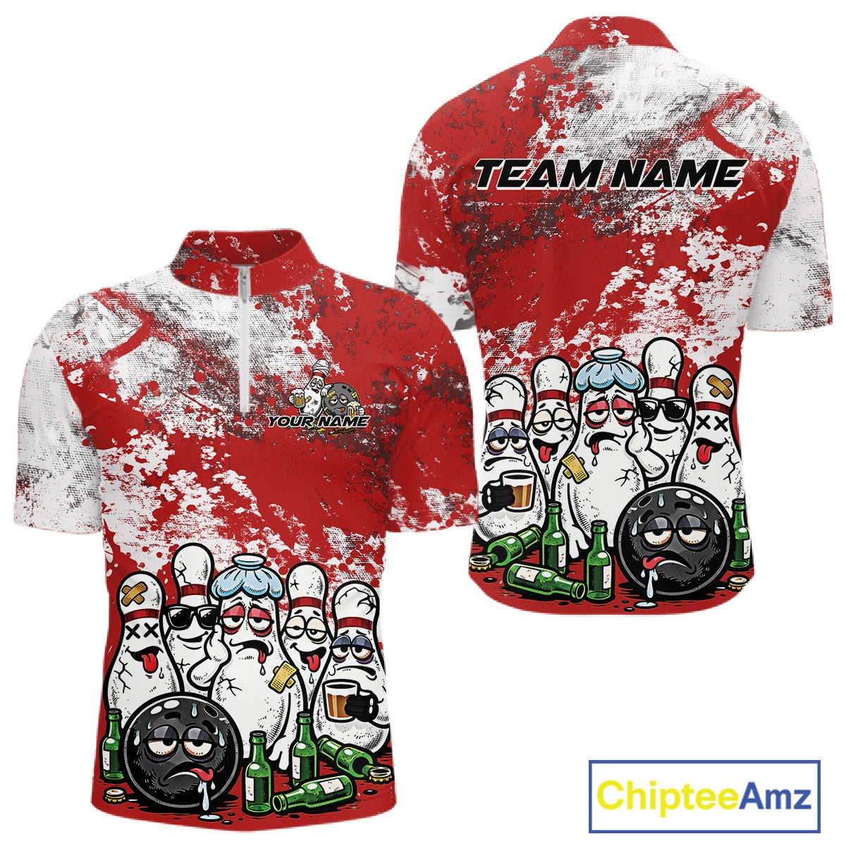 Mens quarter zip bowling shirt mockup displaying red and white grunge splatter design with cartoon bowling pins, bowling ball, and beer bottle themed artwork