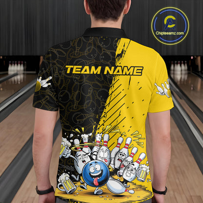 Custom Yellow Funny Bowling Men Polo Shirts, Bowling And Beer Party Bowlers Outfit IPHW9828