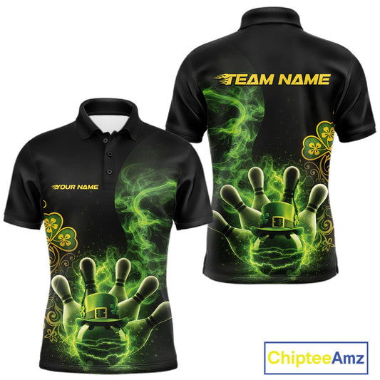 Custom Green And Gold Celtic St Patricks Day Bowling Team Shirt, Green Smoke Shamrock Bowling Outfit IPHW10446
