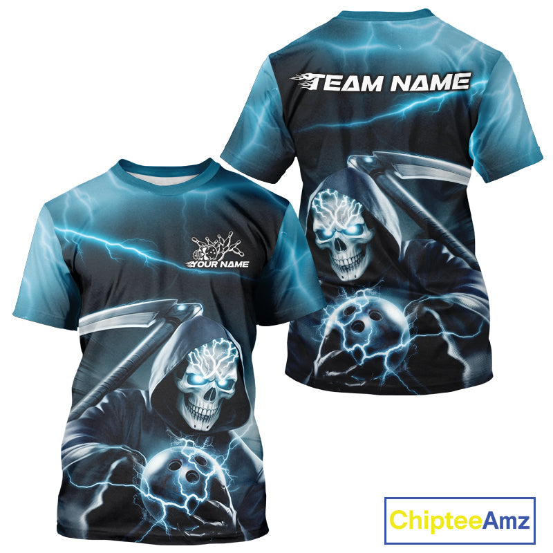 Custom Blue Lightning Grim Reaper Bowling T-Shirts For Men, Halloween Bowling Jerseys IPHW9843