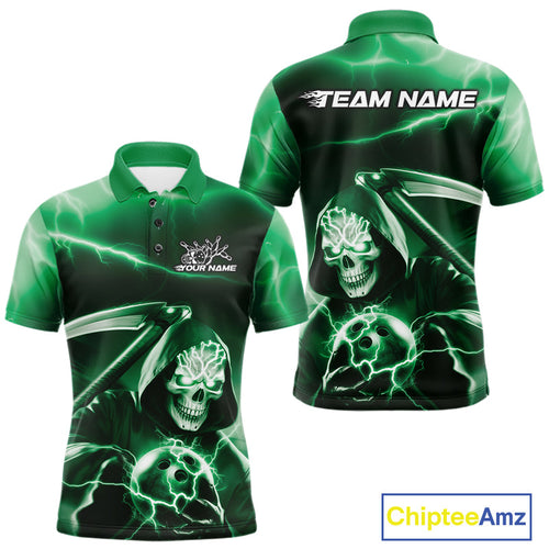 Custom Green Lightning Grim Reaper Bowling Polo Shirts For Men, Halloween Bowling Jerseys IPHW9844