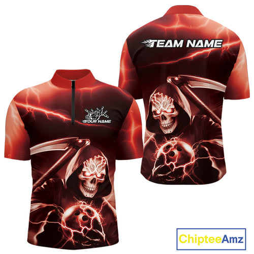 Custom Red Lightning Grim Reaper Bowling Quarter-Zip Shirts For Men, Halloween Bowling Jerseys IPHW9845