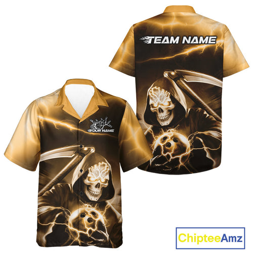 Custom Yellow Lightning Grim Reaper Bowling Hawaiian Shirts For Men And Women, Halloween Bowling Jerseys IPHW9846