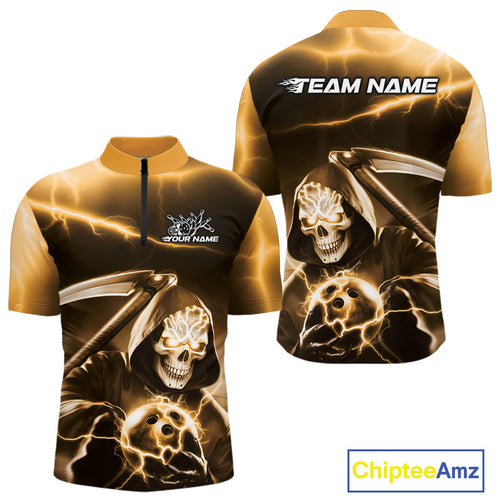 Custom Yellow Lightning Grim Reaper Bowling Quarter-Zip Shirts For Men, Halloween Bowling Jerseys IPHW9846