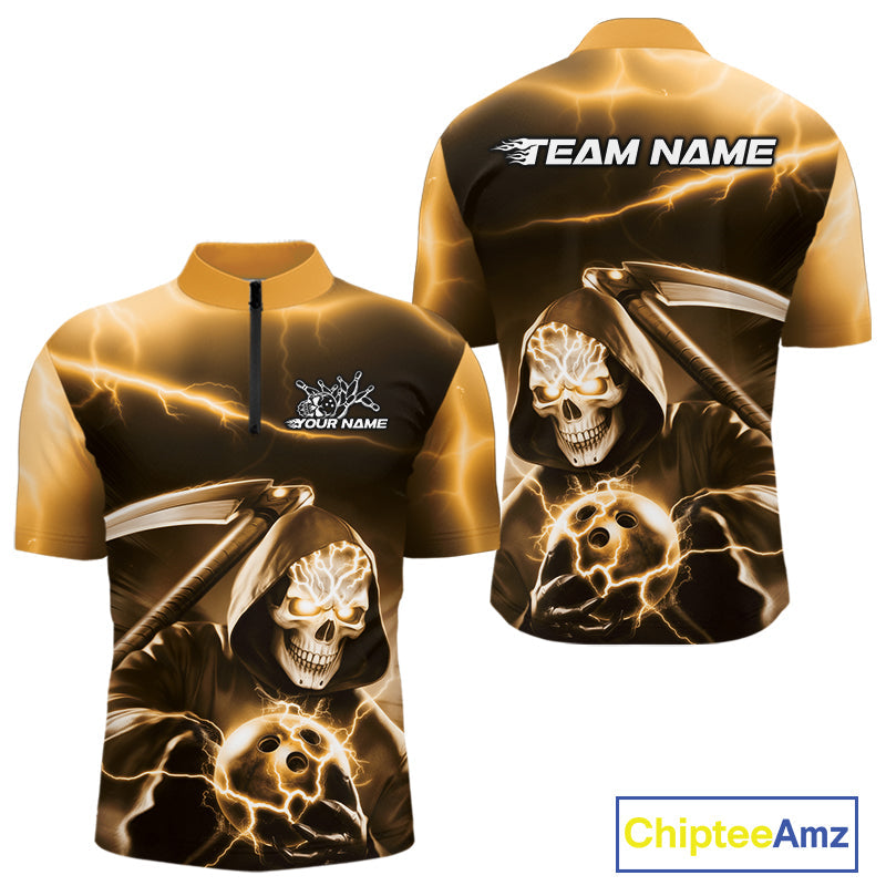 Custom Yellow Lightning Grim Reaper Bowling Quarter-Zip Shirts For Men, Halloween Bowling Jerseys IPHW9846