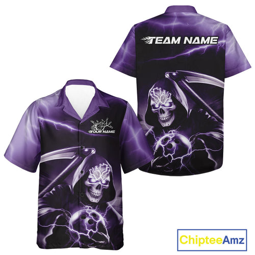 Custom Purple Lightning Grim Reaper Bowling Hawaiian Shirts For Men And Women, Halloween Bowling Jerseys IPHW9847