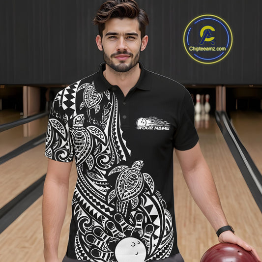 Male model wearing a black and white bowling polo shirt at the lane with tribal-inspired bowling graphics.