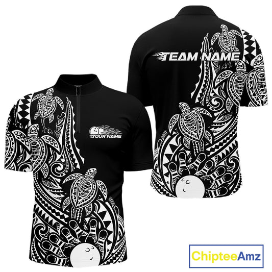 Front and back views of a black and white mens bowling quarter-zip shirt featuring bowling artwork accented by tribal swirls and turtle patterns.