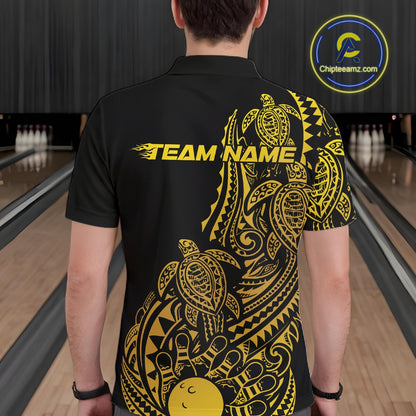 Back view of a male model in a black and gold bowling polo shirt displaying tribal swirl bowling graphics.