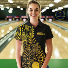 Load image into Gallery viewer, Custom Black And Gold Polynesian Tribal Turtle Bowling Women Polo Team Shirts Outfit IPHW10984