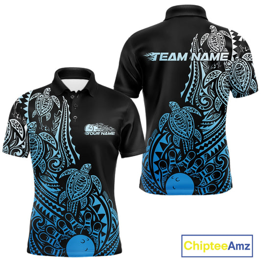 Front and back views of a black and blue mens bowling polo shirt featuring bowling artwork accented by tribal swirls and turtle motifs.