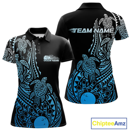 Front and back views of a black and blue womens bowling polo shirt featuring bowling artwork surrounded by Polynesian tribal patterns.
