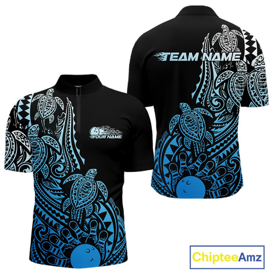 Front and back views of a black and blue mens bowling quarter-zip shirt showcasing bowling artwork surrounded by tribal swirls and turtle motifs.