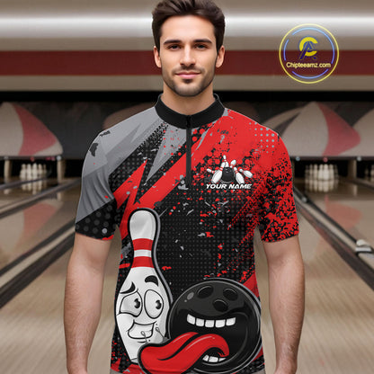 Custom Funny Bowling Quarter-Zip Shirt For Men, Red Bowling Ball And Pin Bowling Jersey IPHW10257