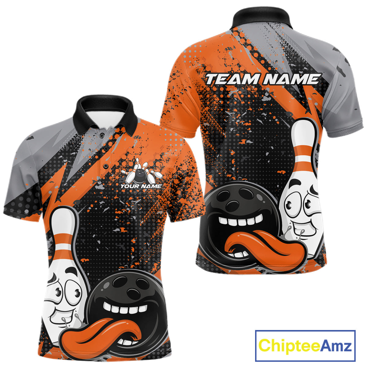 Custom Funny Bowling Polo Shirt For Men, Orange Bowling Ball And Pin Bowling Jersey IPHW10258