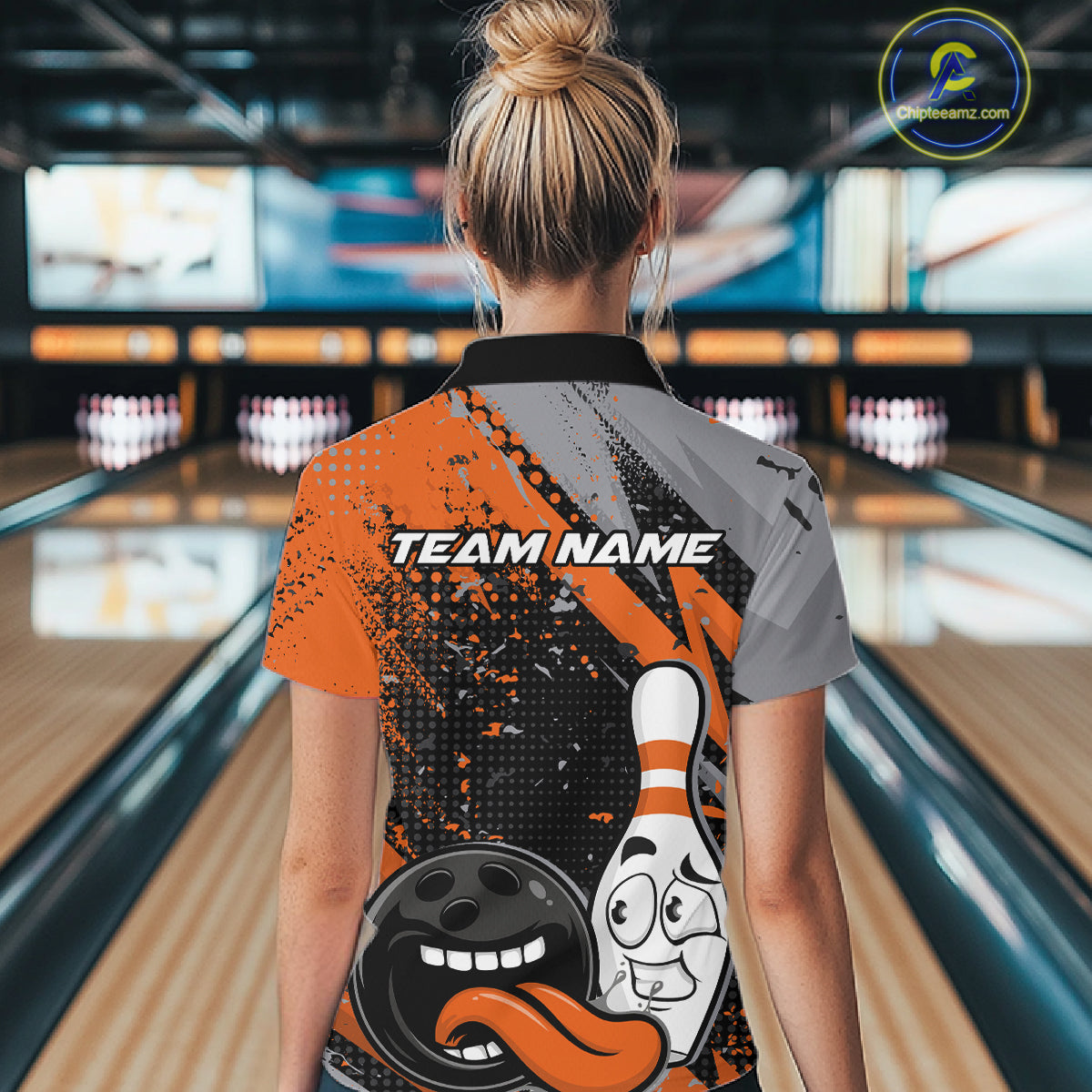 Custom Funny Bowling Women Quarter-Zip Shirt, Orange Bowling Ball And Pin Bowling Jersey IPHW10258