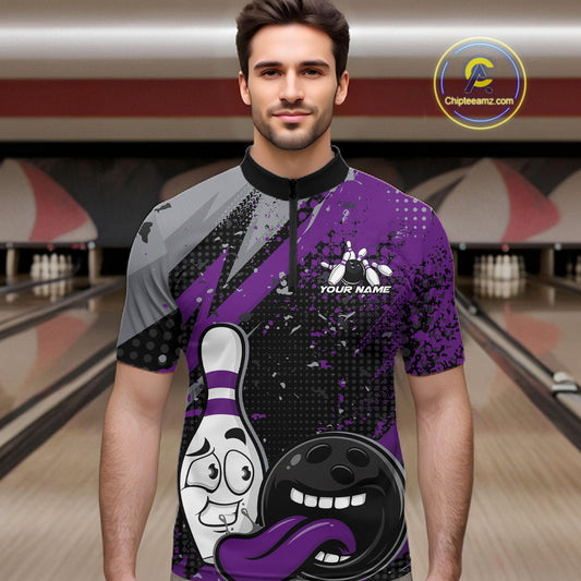 Custom Funny Bowling Quarter-Zip Shirt For Men, Purple Bowling Ball And Pin Bowling Jersey IPHW10259