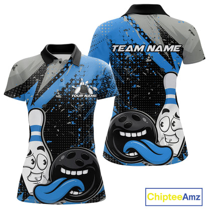 Custom Funny Bowling Polo Shirt For Women, Blue Bowling Ball And Pin Bowling Jersey IPHW10260