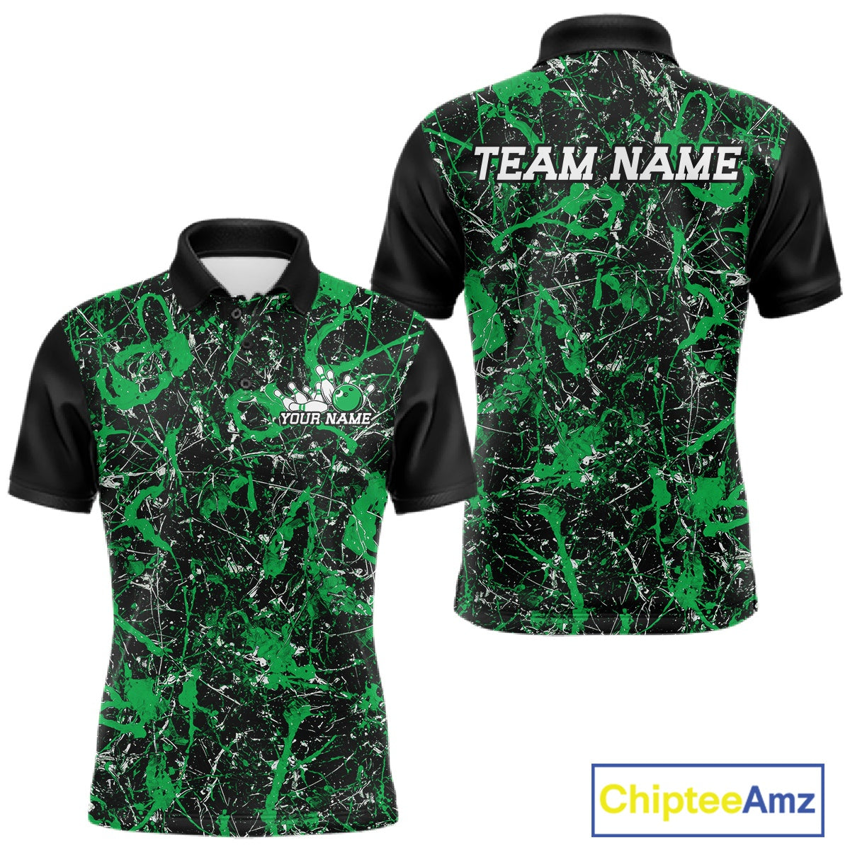 Front and back views of a black polo shirt with jade green paint-splatter graphics, personalized with â€œYour Nameâ€ on the chest and â€œTeam Nameâ€ across the back.
